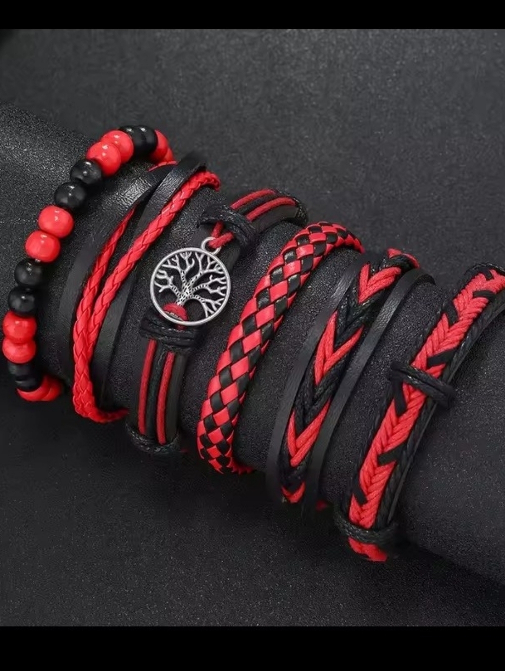 Men's Bracelets Leather 6pc Layered Braided Beaded Black Red‎ g1